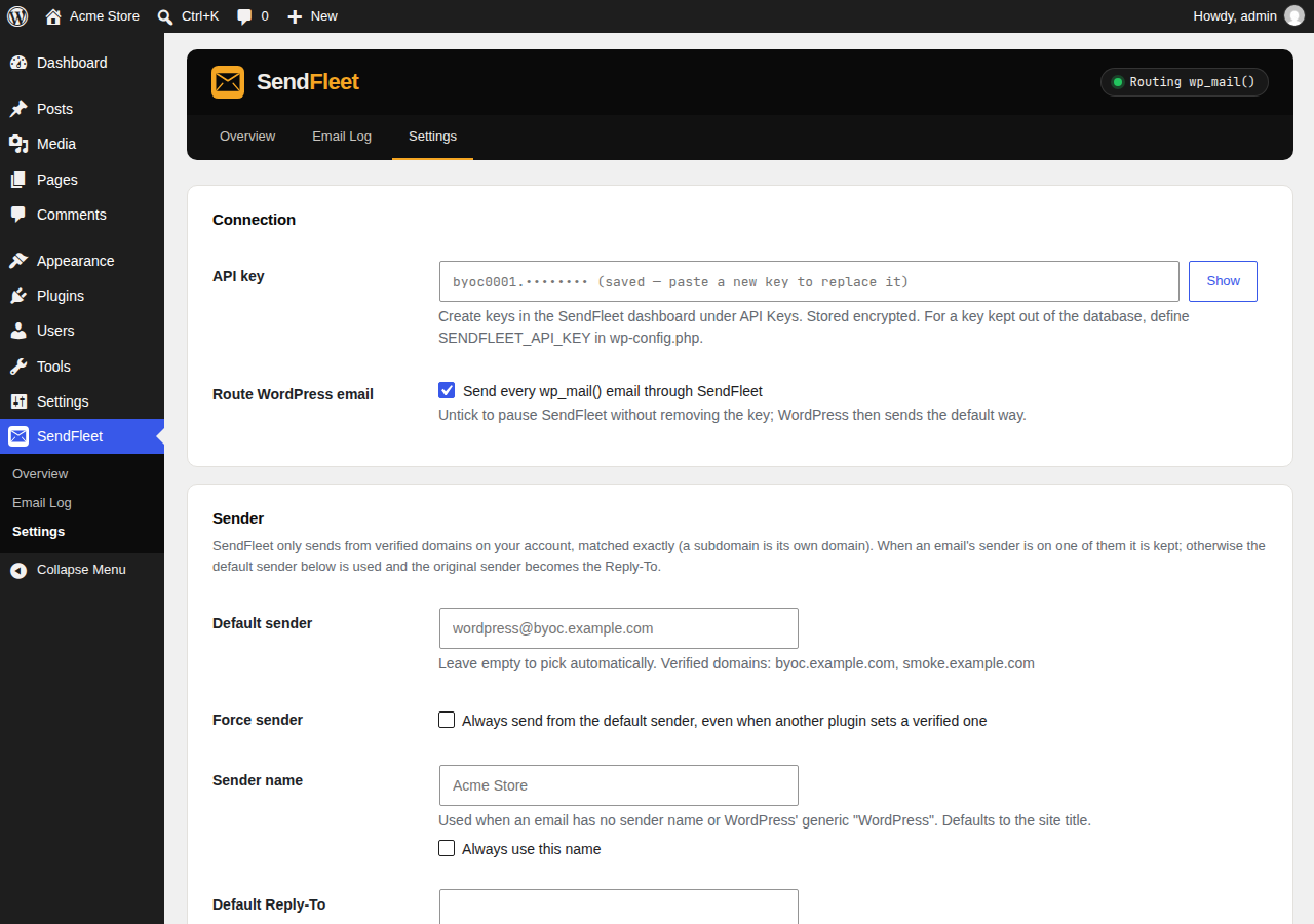 Settings: sender, delivery, log retention and webhooks.
