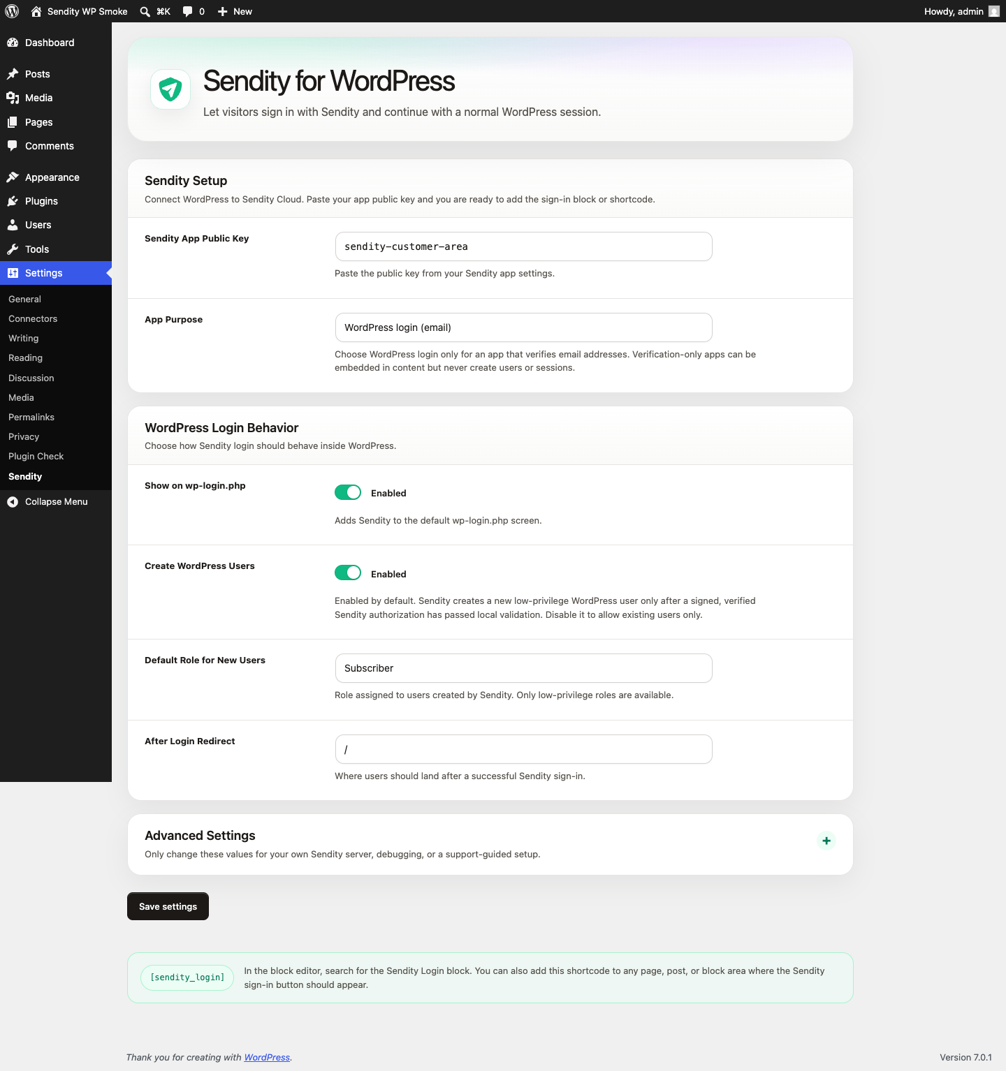 Sendity settings page in the WordPress admin.