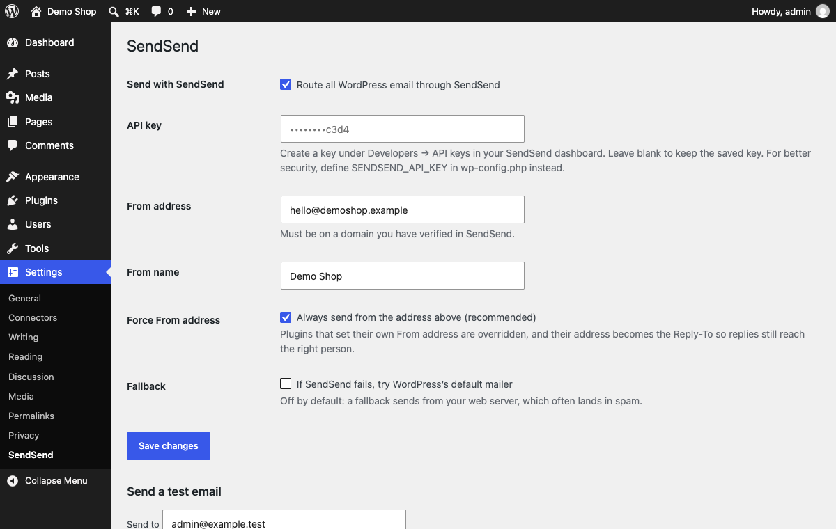 Settings → SendSend: API key, From address, and options.
