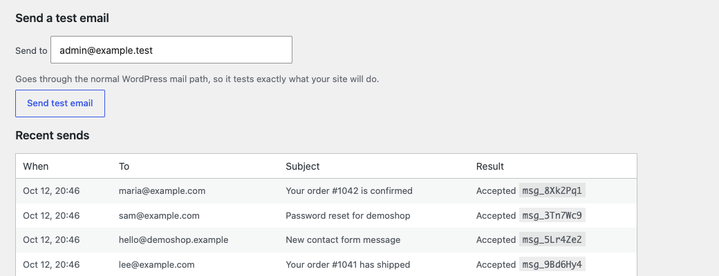 A test email button and the log of recent sends.