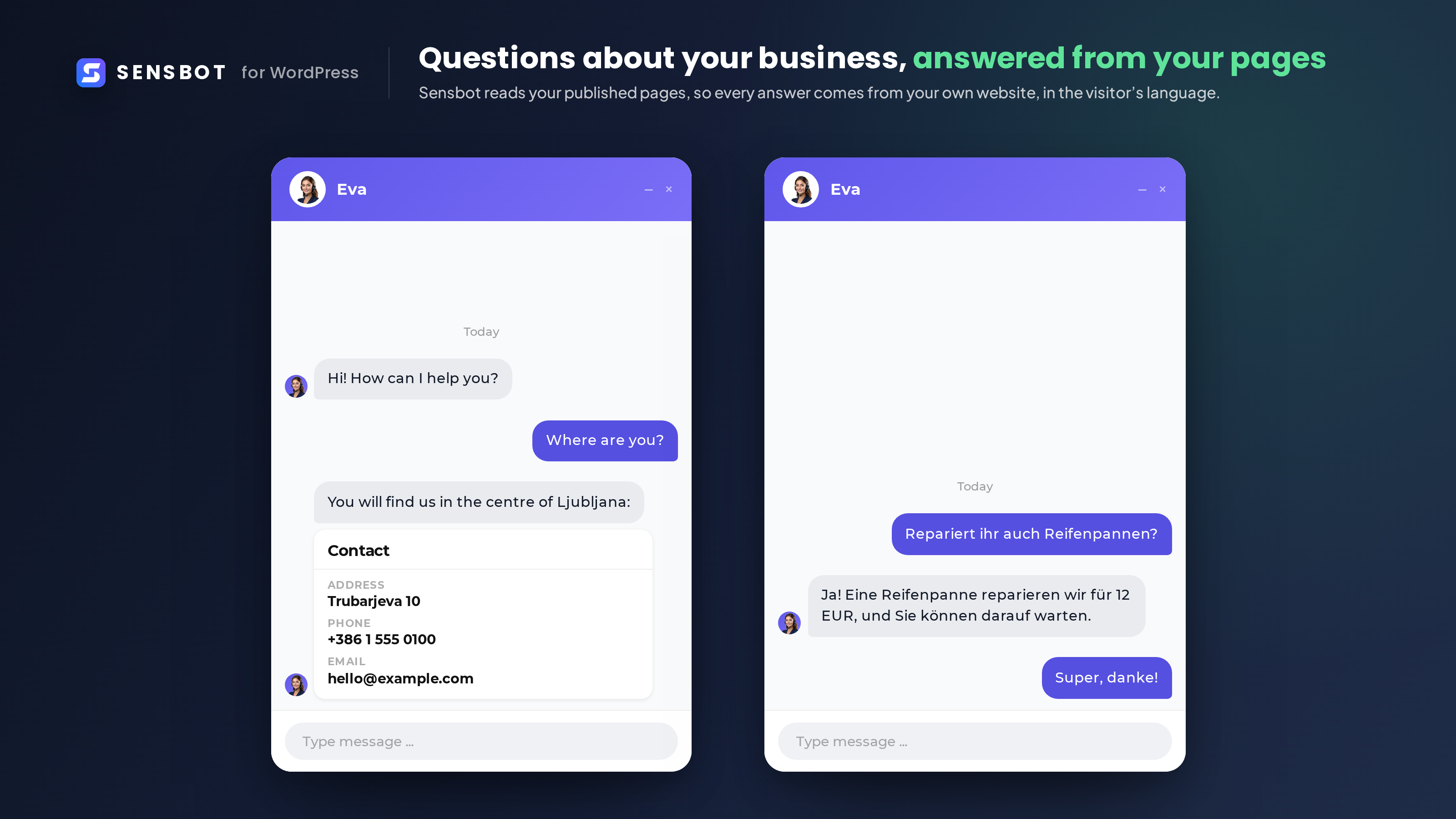 Questions about the business, like where you are or what a repair costs, answered from your published pages. Here a visitor asks in German.