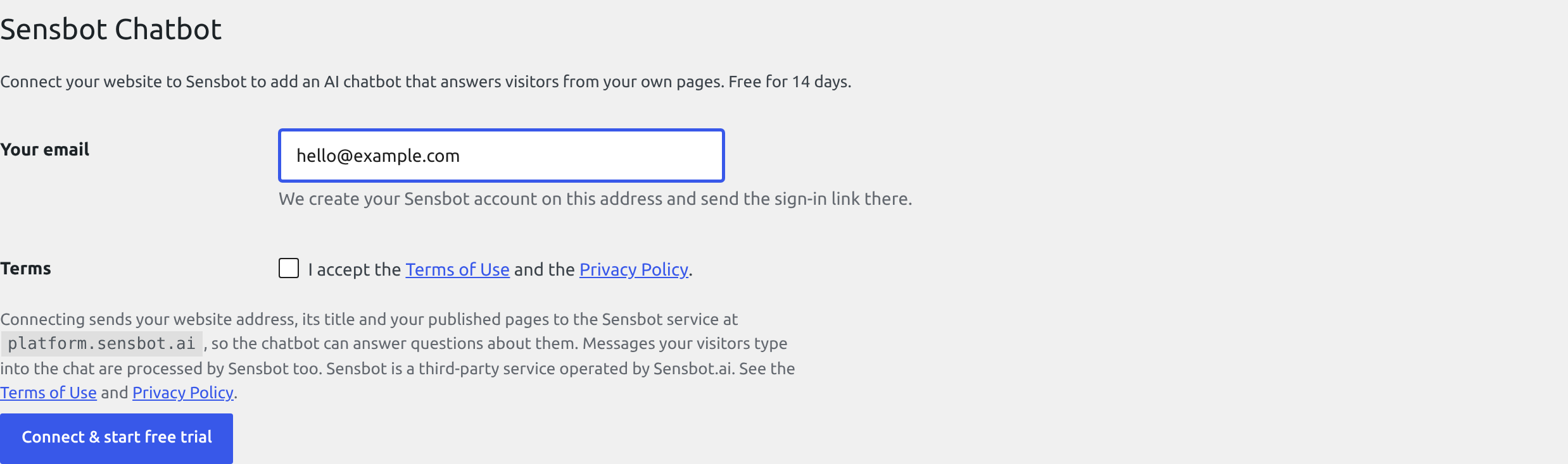 The settings screen before connecting: one email address, the terms checkbox and one button. It also names the service your website content goes to.