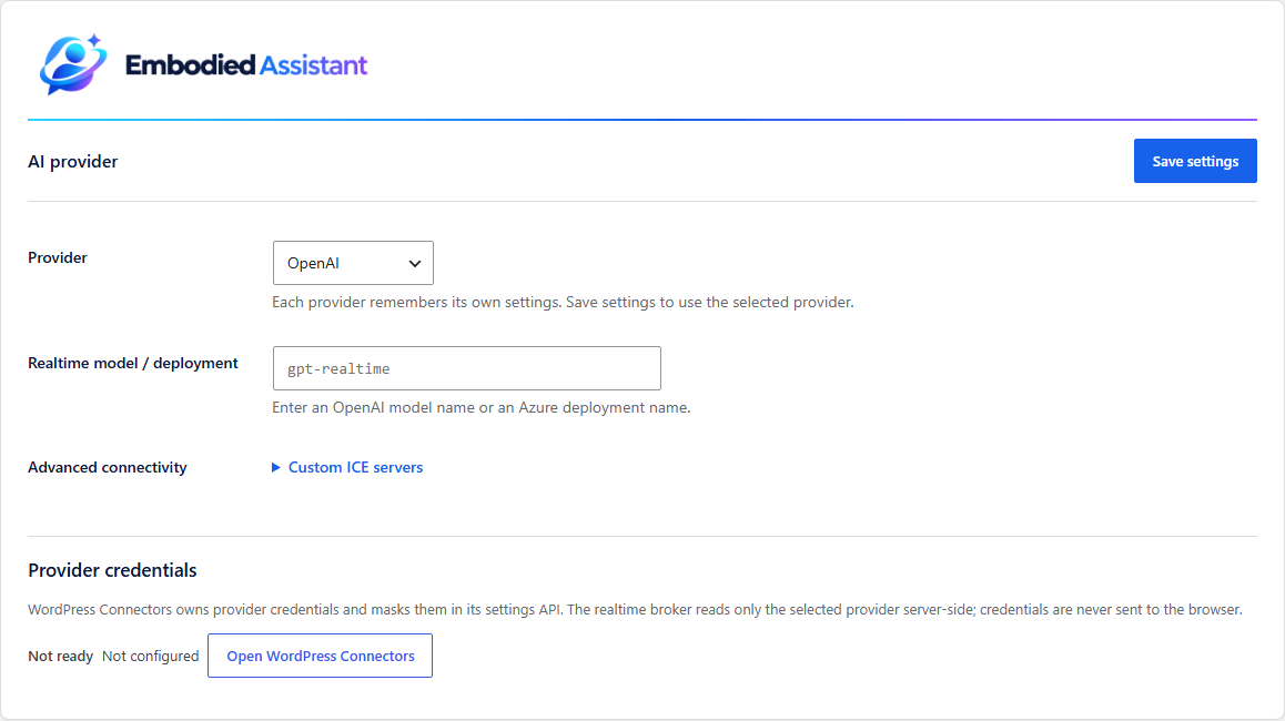 AI provider: choose OpenAI and set the realtime model; manage API keys in WordPress Connectors.