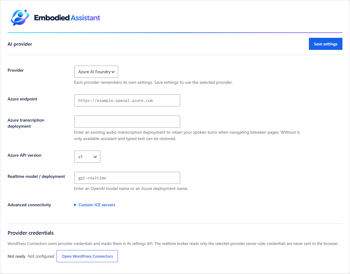 Azure AI Foundry: configure the endpoint, realtime deployment and optional transcription deployment.