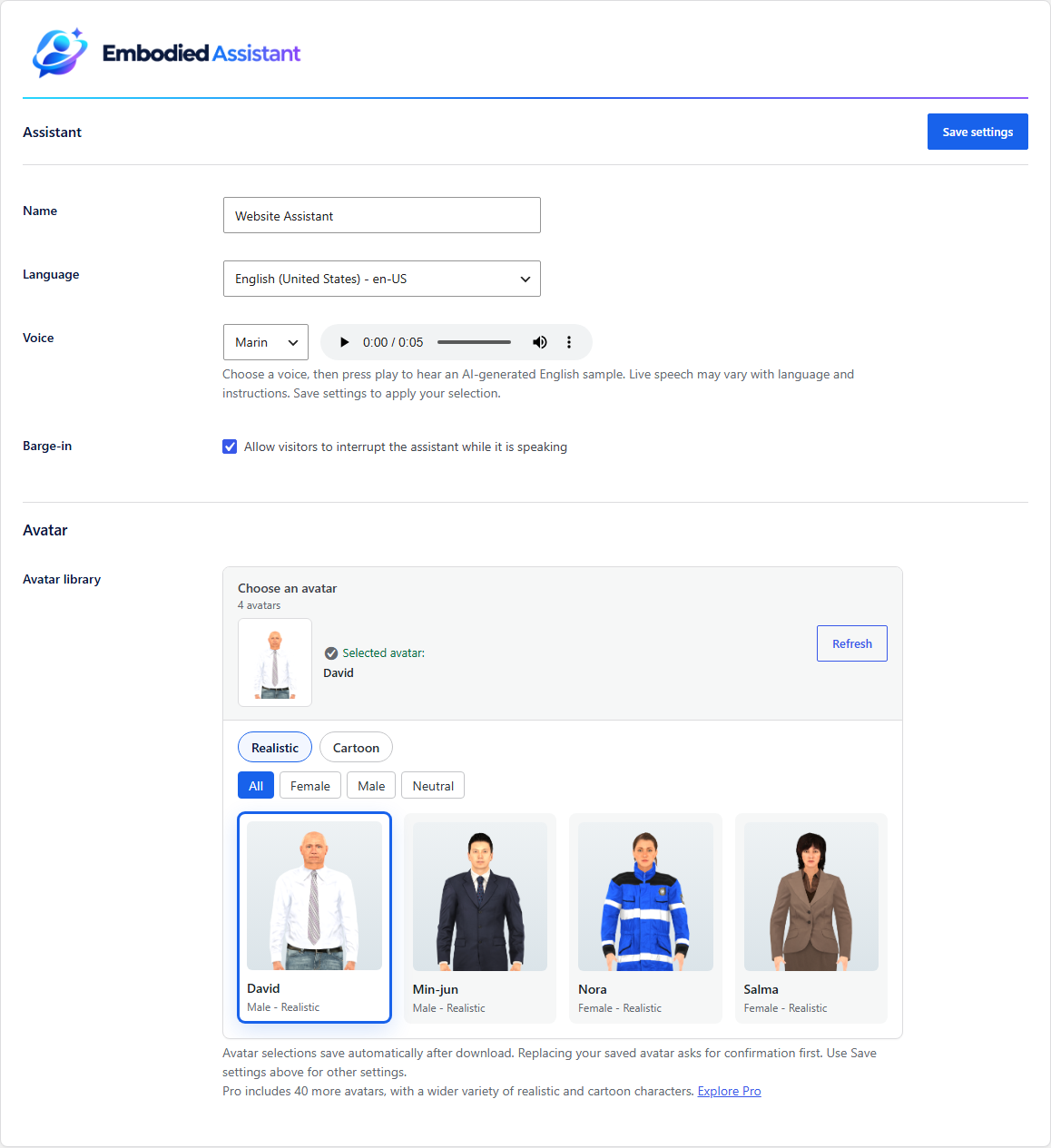 Assistant: choose a language, voice and a Free avatar.