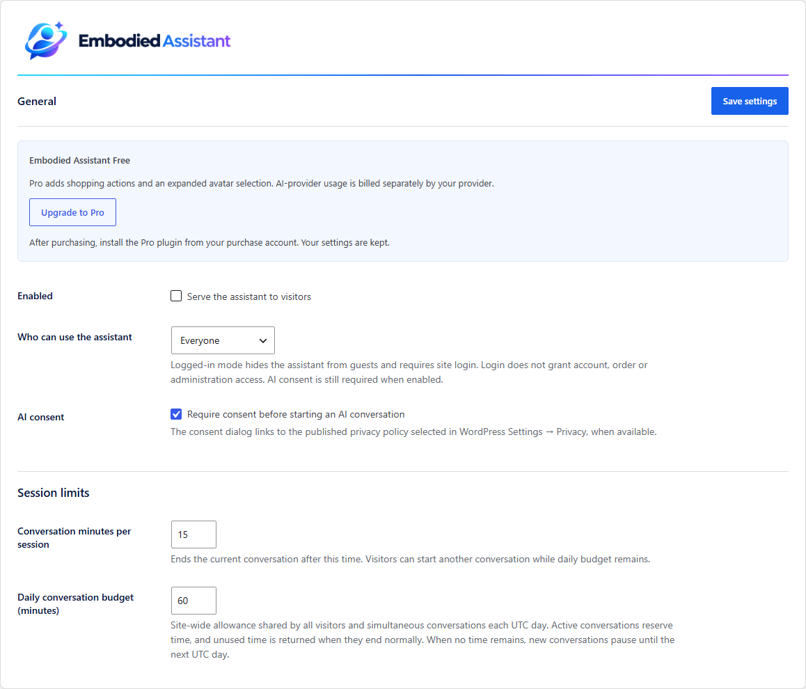 General: enable the assistant and set audience, consent and conversation limits.