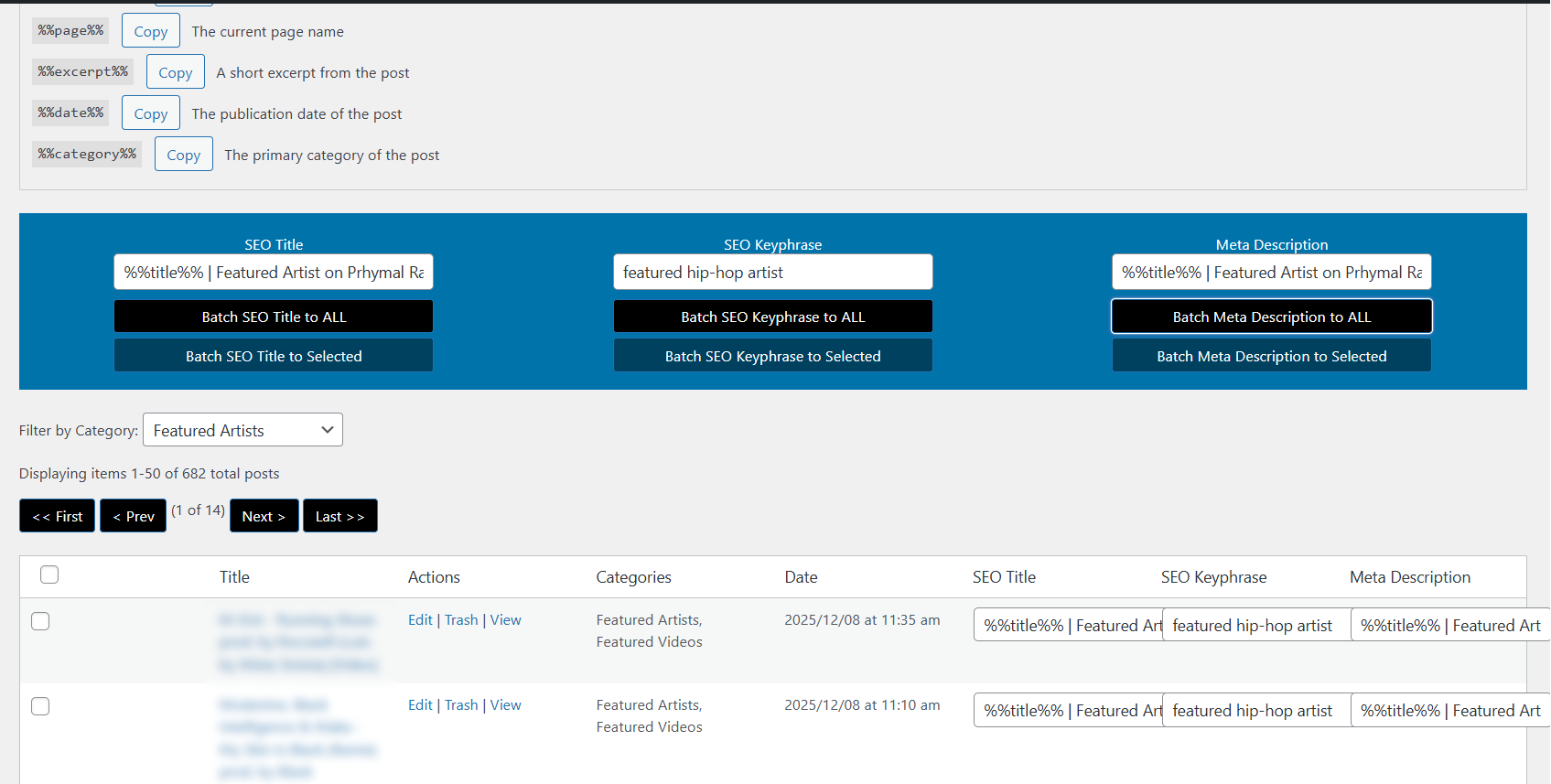 Batch editing interface for Posts with category filter