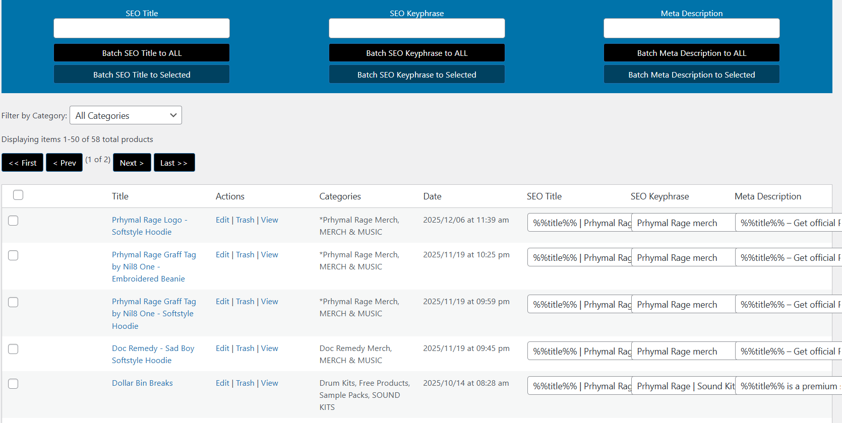 WooCommerce Products SEO editor with batch controls