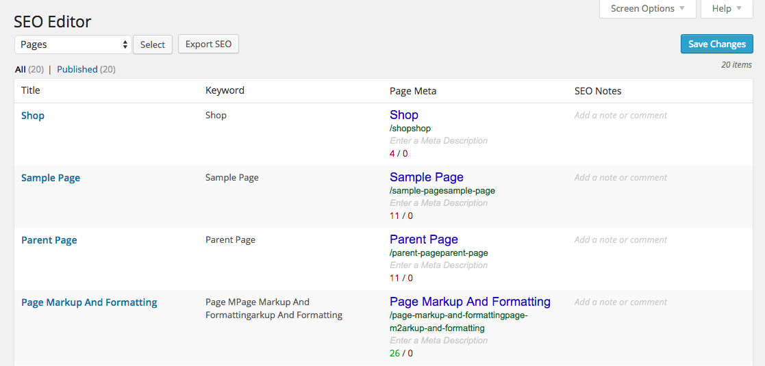 Full editor view using WordPress SEO by Yoast. Keywords, Page Meta, and SEO Notes are all inline-editable.