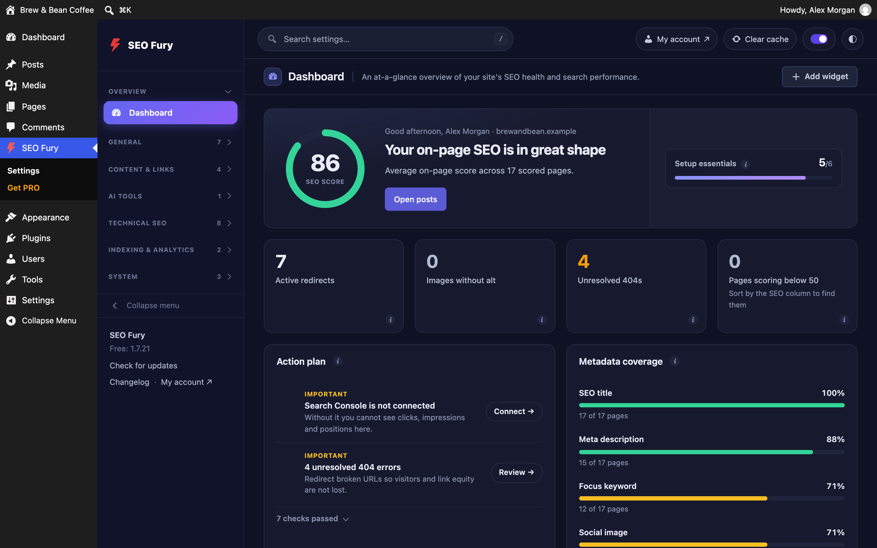 Dashboard — one SEO score for the whole site, an action plan, metadata coverage and new 404 errors at a glance.