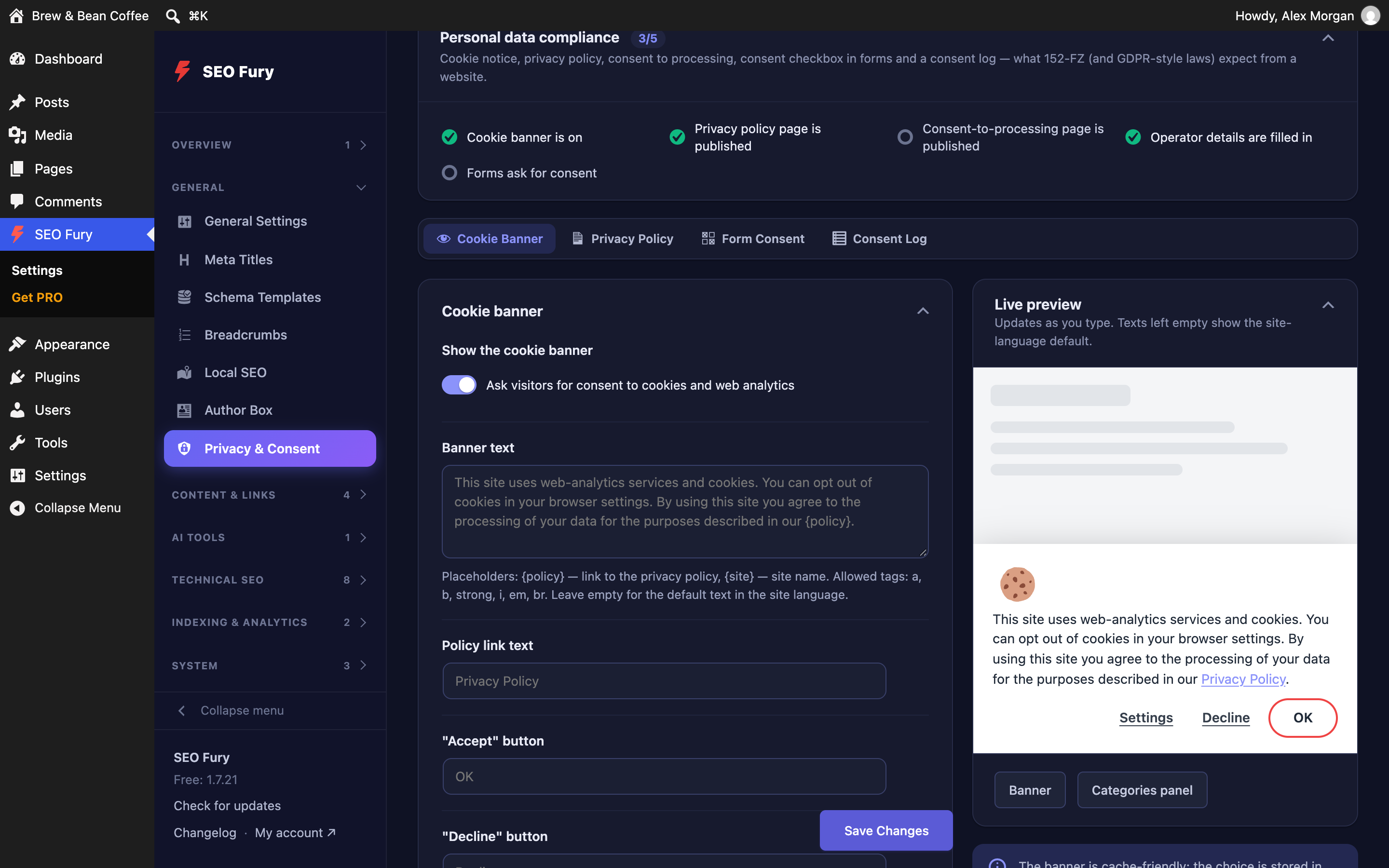 Privacy & Consent — cookie banner with consent categories, script blocking and a live preview.