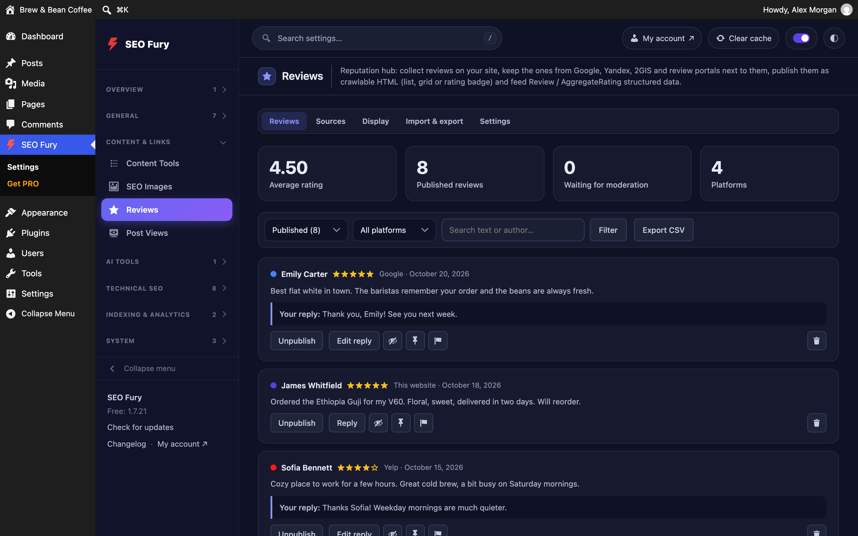 Reviews — collect reviews on your site, keep Google and other platforms' reviews next to them, and output Review / AggregateRating schema.