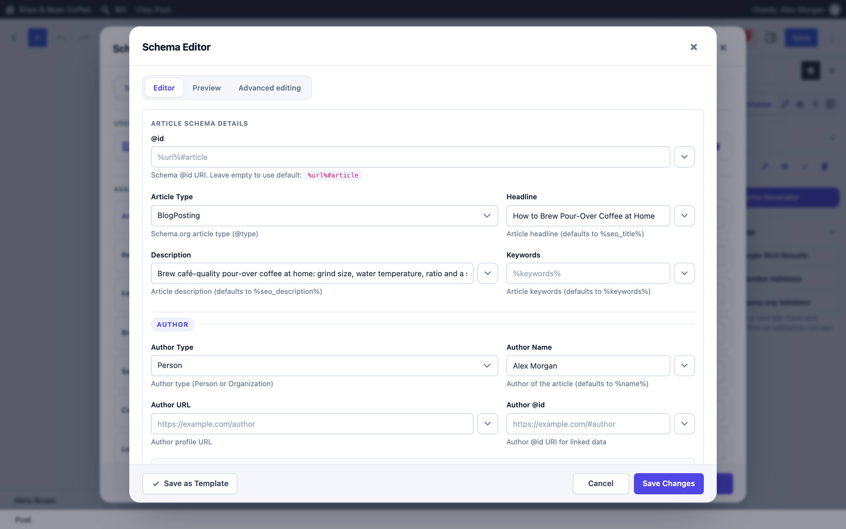 Schema editor — Article, Product, FAQ, Recipe, LocalBusiness and 20+ types, filled from your content automatically.