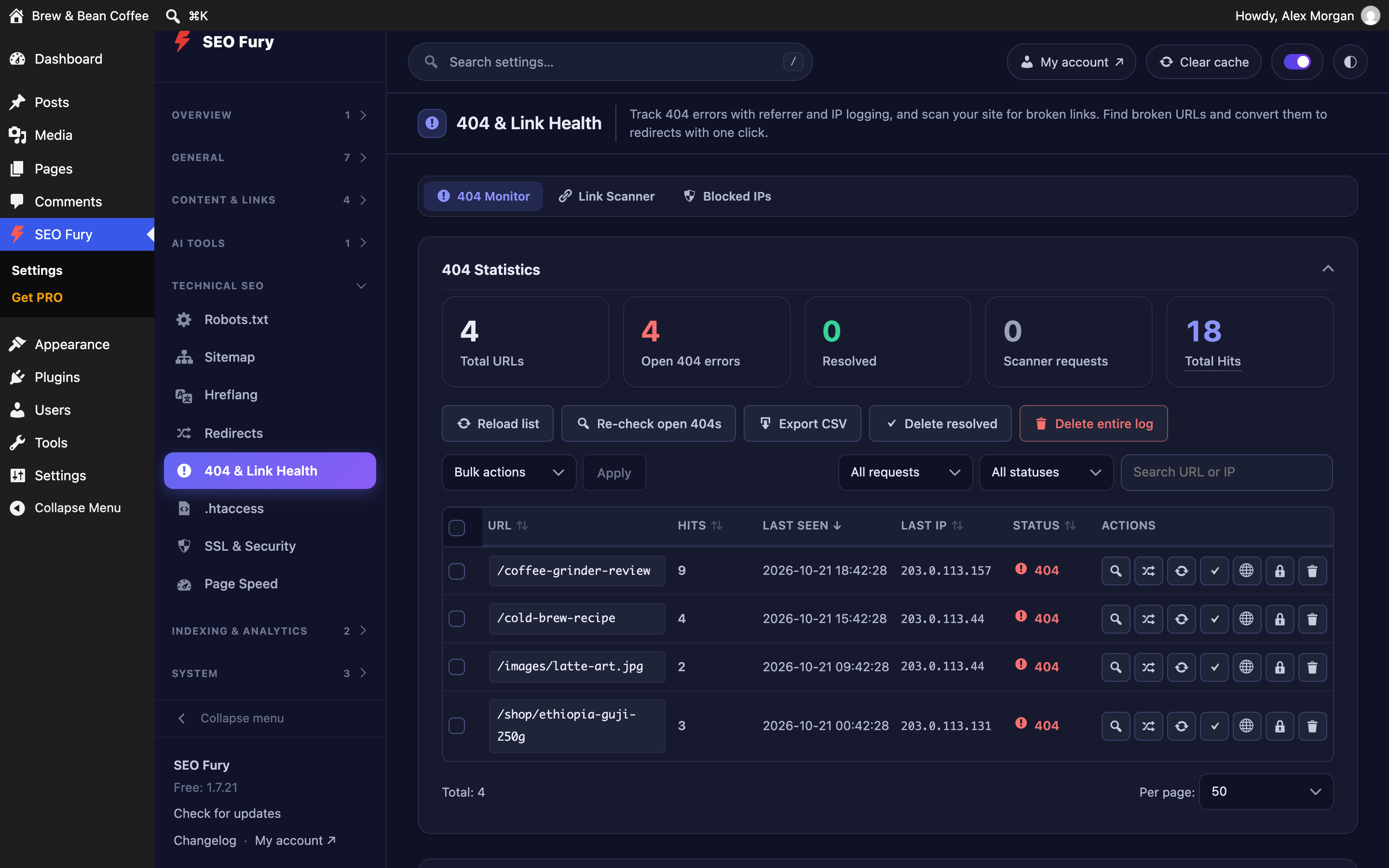 404 Monitor — catch broken URLs, re-check them and turn them into redirects in one click.