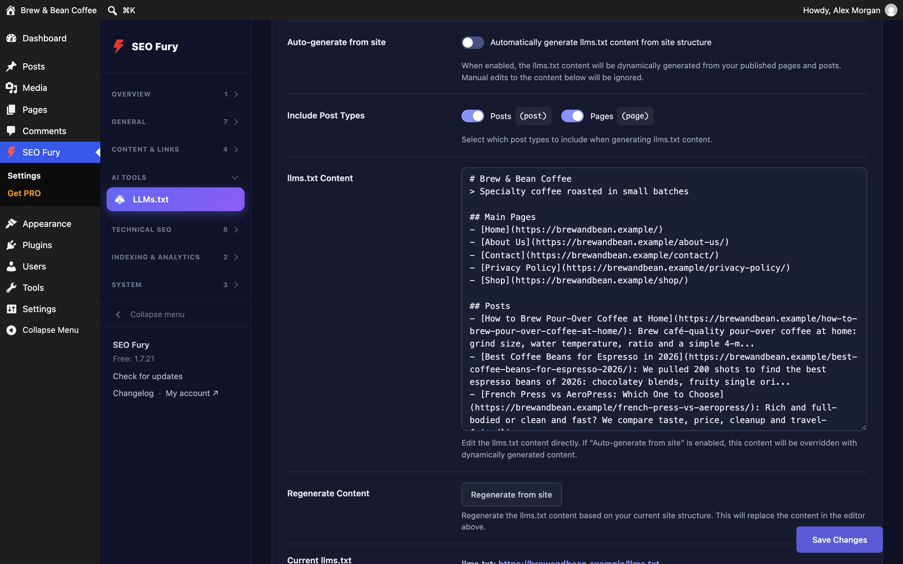 llms.txt — tell AI assistants which pages matter, generated from your site's content.