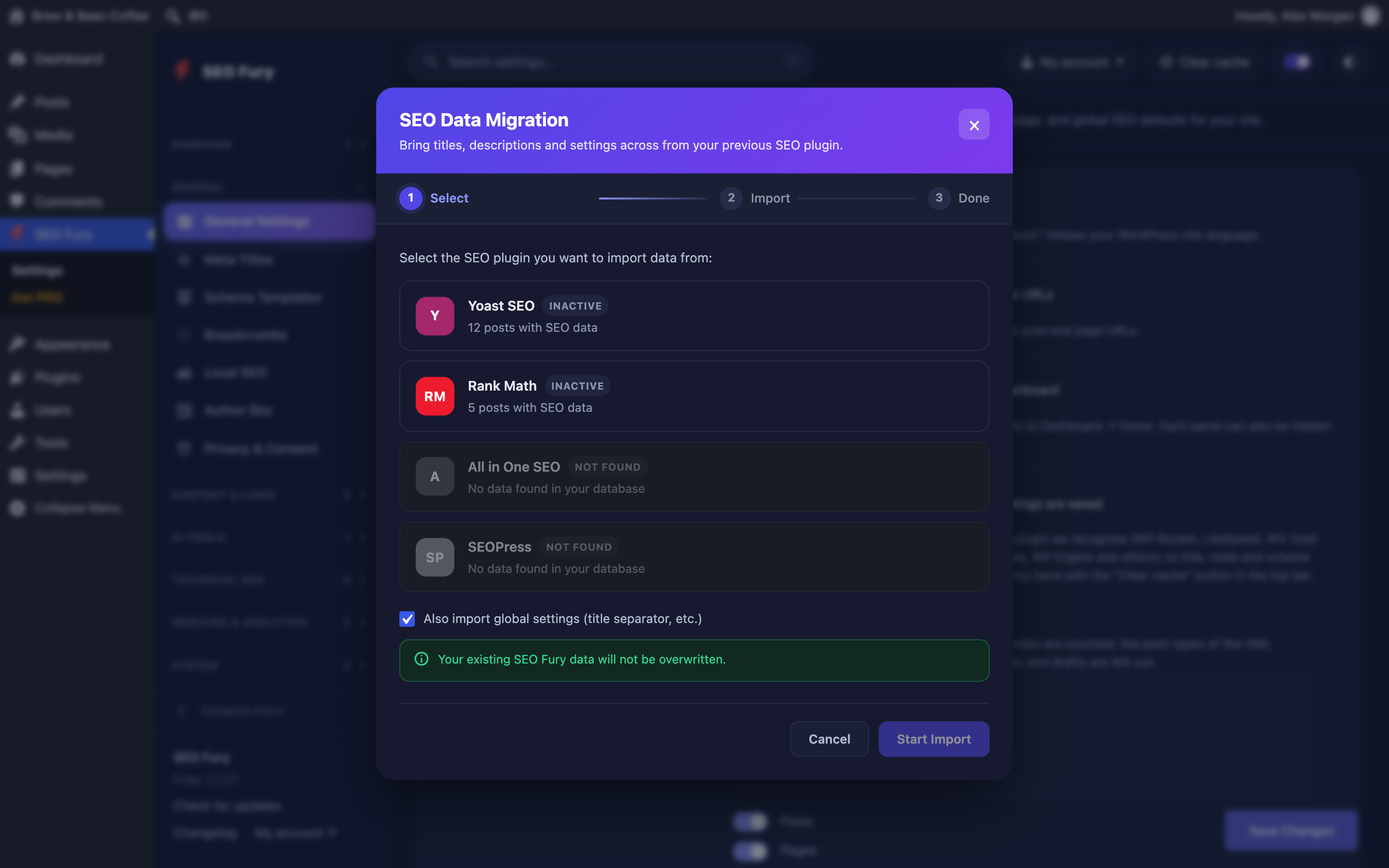 Migration wizard — import titles, descriptions and settings from Yoast SEO, Rank Math, All in One SEO and SEOPress.