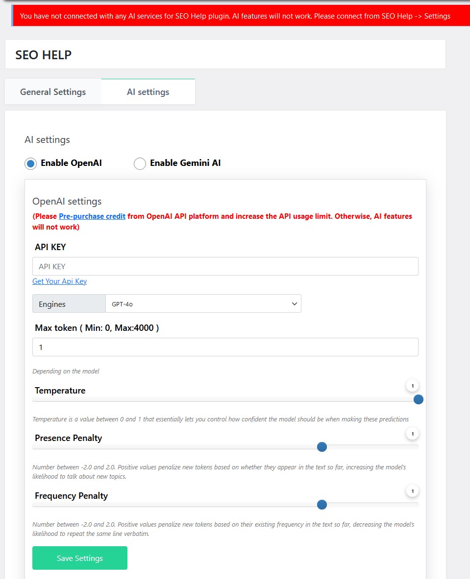 SEO Help Settings page