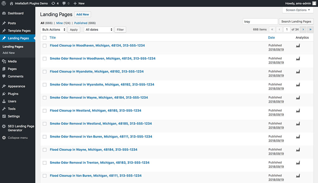 Landing pages are automatically created based on template pages and active locations