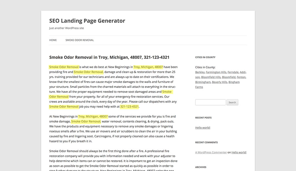 Location placeholders are filled in on the landing page and location specific content is displayed
