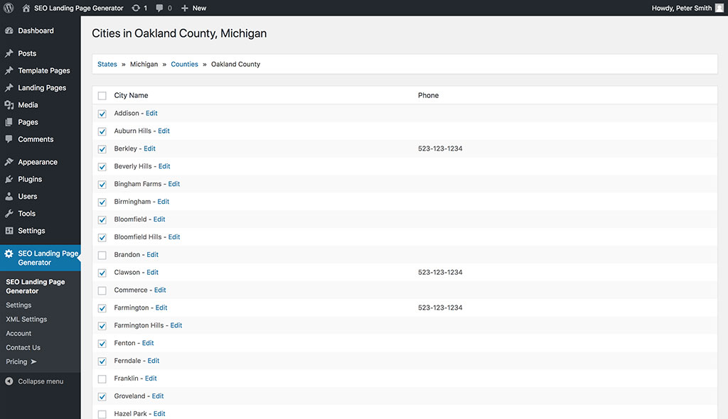 Active cities and correlating landing pages will be automatically created