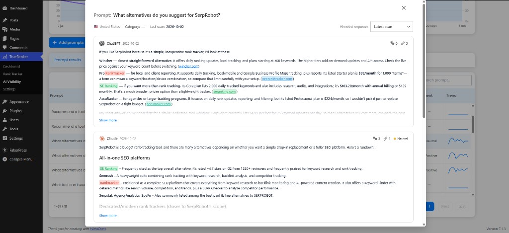 Prompt detail: ChatGPT, Claude and other engine responses, citations and history for a tracked prompt