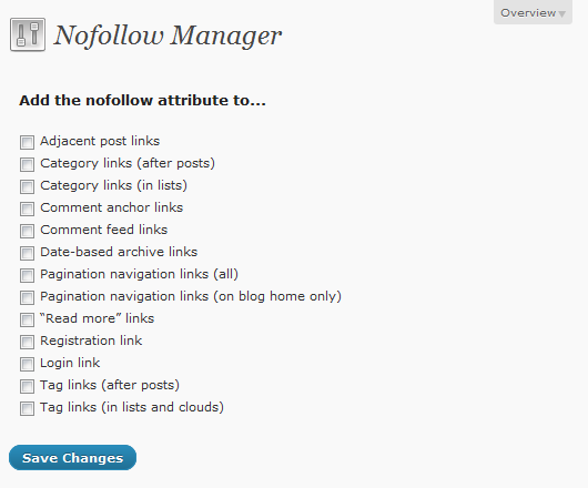 Nofollow Manager lets you add the nofollow attribute to various types of links