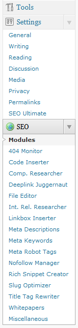 SEO Ultimate puts its modules in the SEO menu and its plugin options under "Settings"