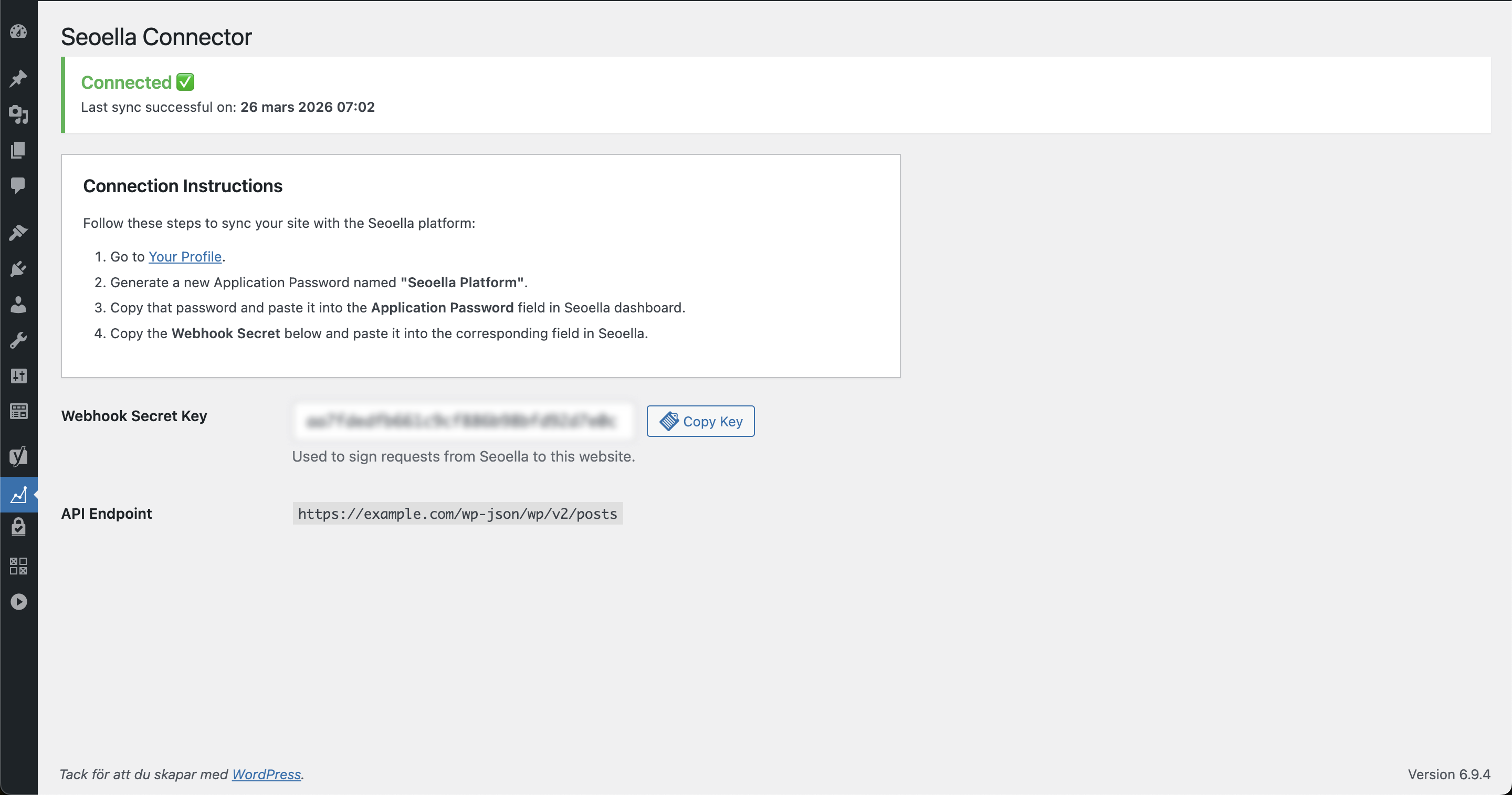 The Seoella Wordpress plugin settings page showing connection status.