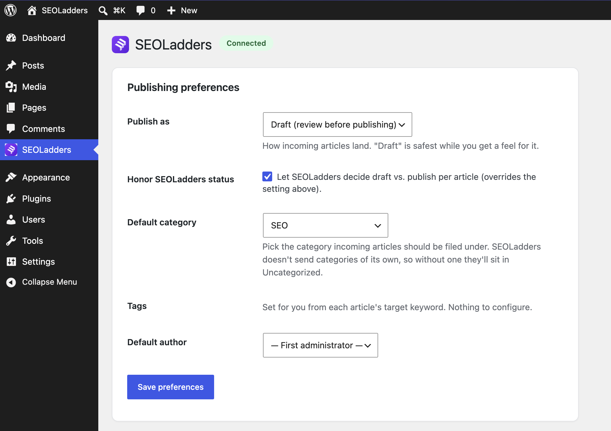 Publishing preferences — publish as draft, pending or published, honour the status set in SEOLadders, and pick a default category and author.