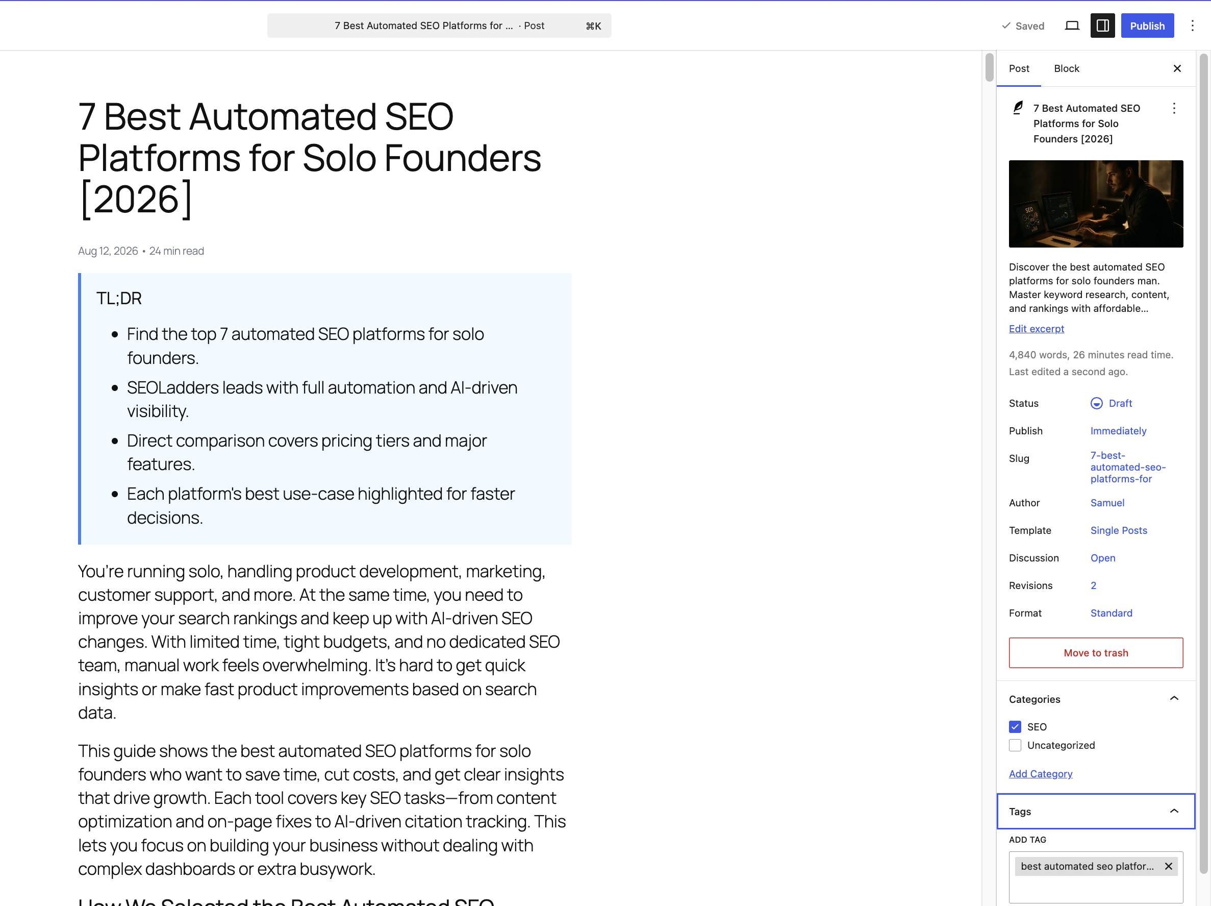 An article delivered by SEOLadders open in the block editor, with its featured image, headings, categories and tags already in place.