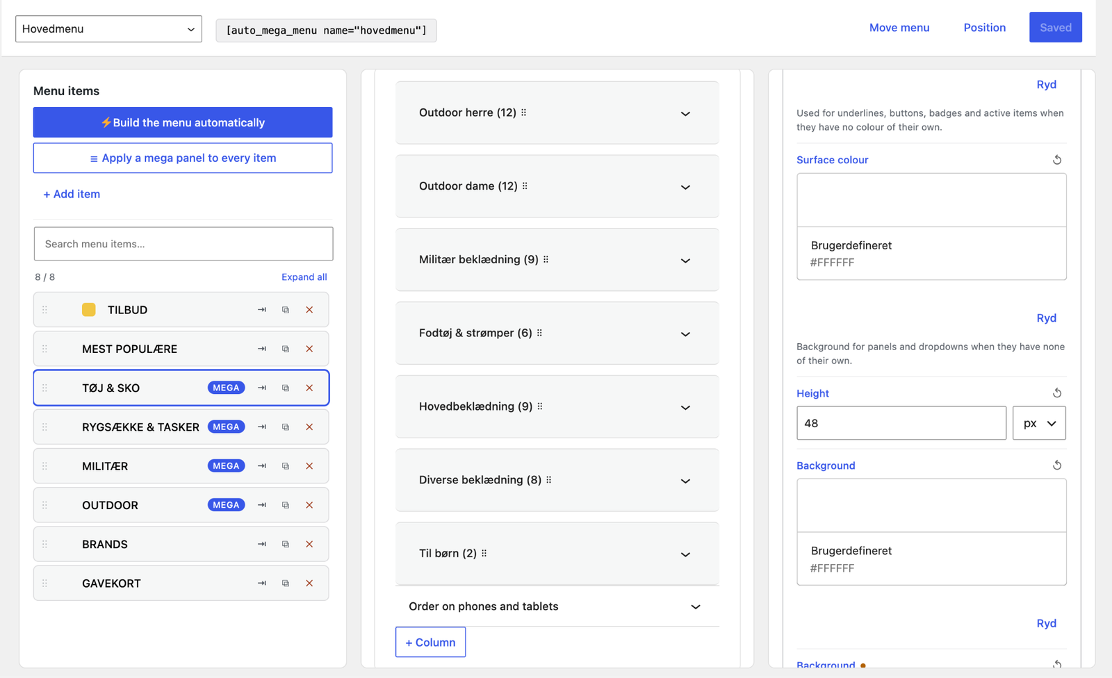 The builder: menu items, the groups of a mega panel, and the design panel