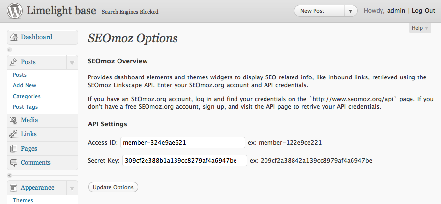 The Settings page to enter your SEOmoz Linkscape API Credentials.