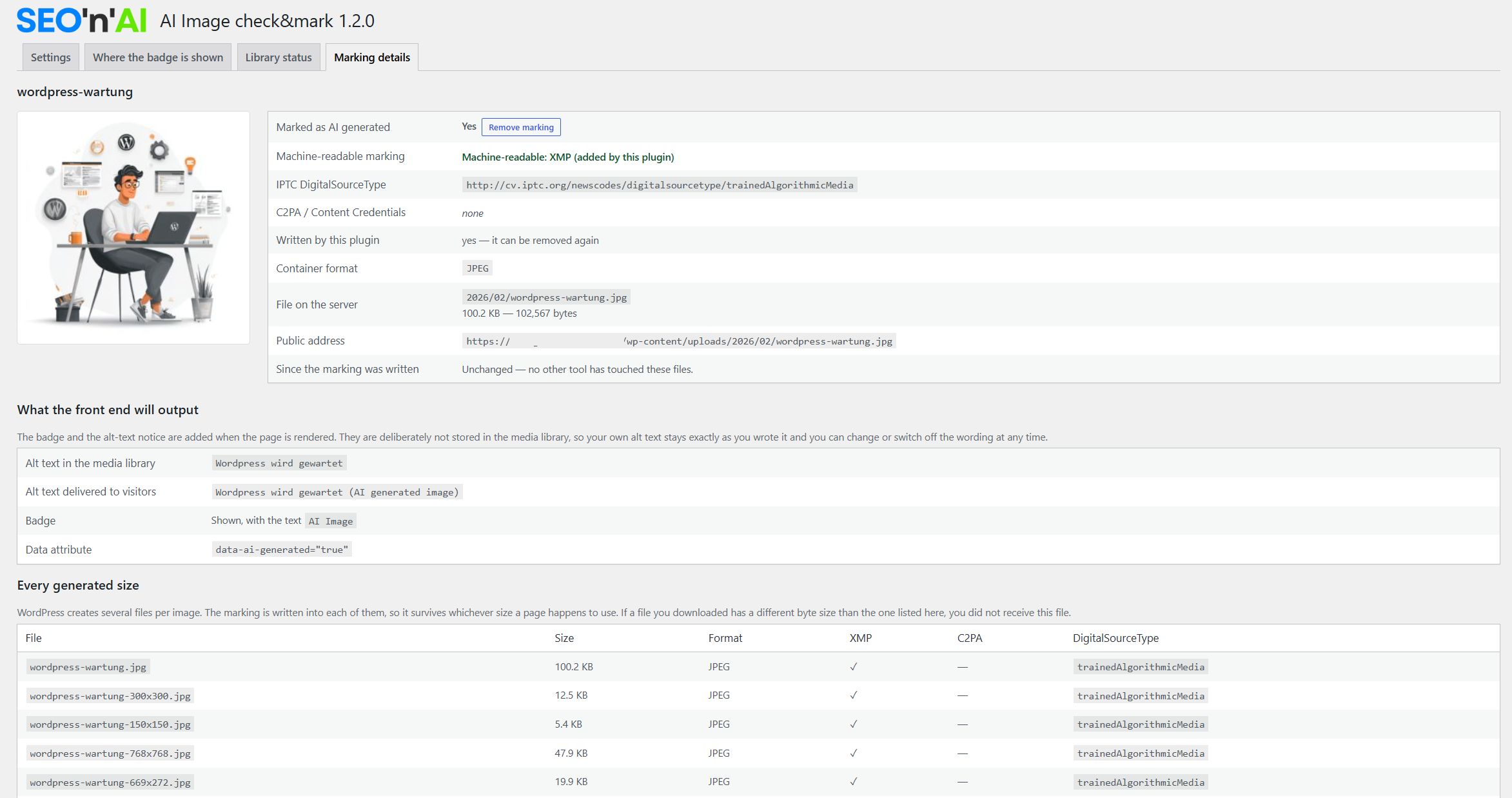 The marking details screen, showing the raw XMP block inside the file