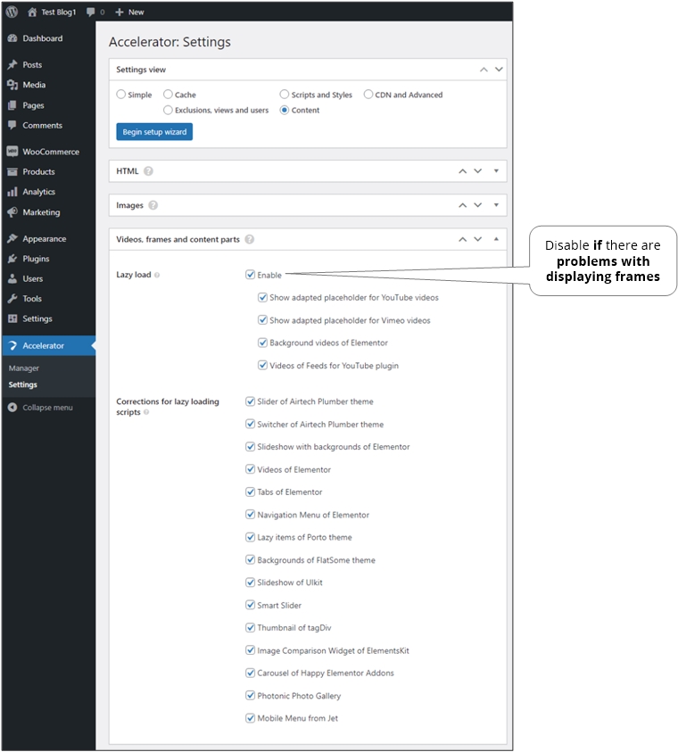 Settings - Videos, frames and content parts settings.