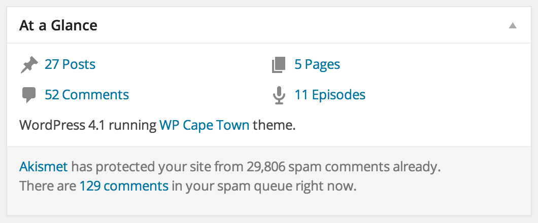 View podcast episodes in the At A Glance widget on the main WordPress dashboard.