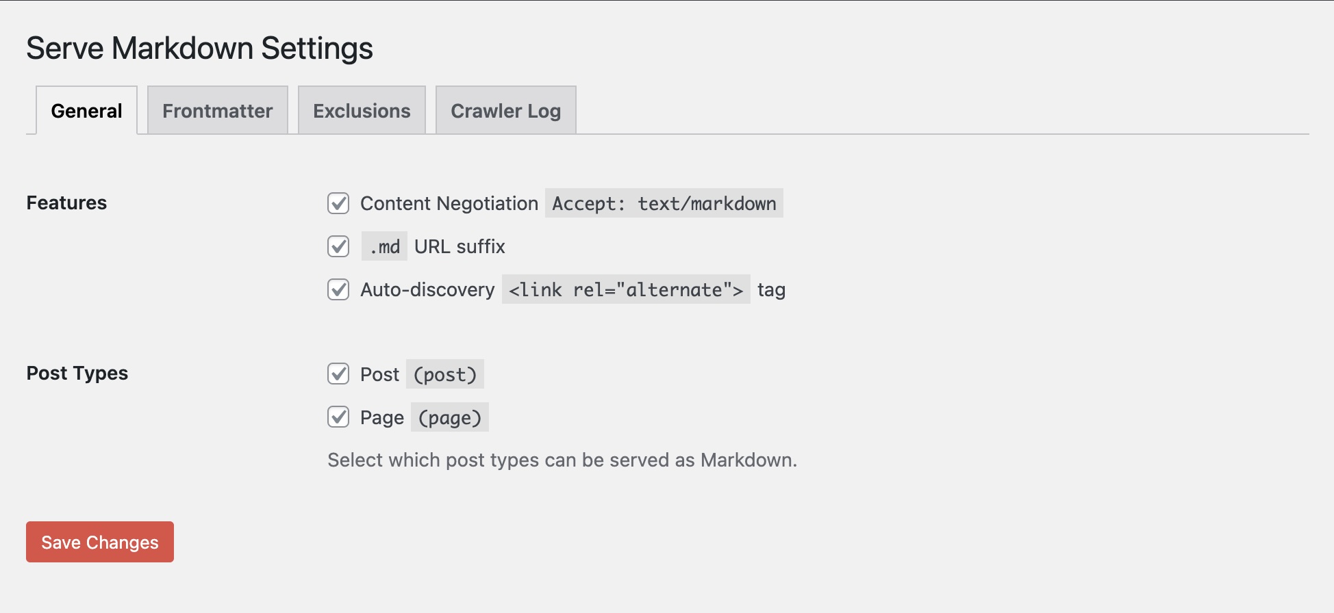 General settings tab — toggle features and select post types.