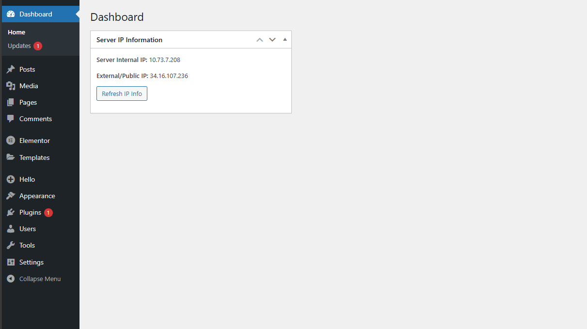 Dashboard widget showing Internal and External IP with Refresh button.
