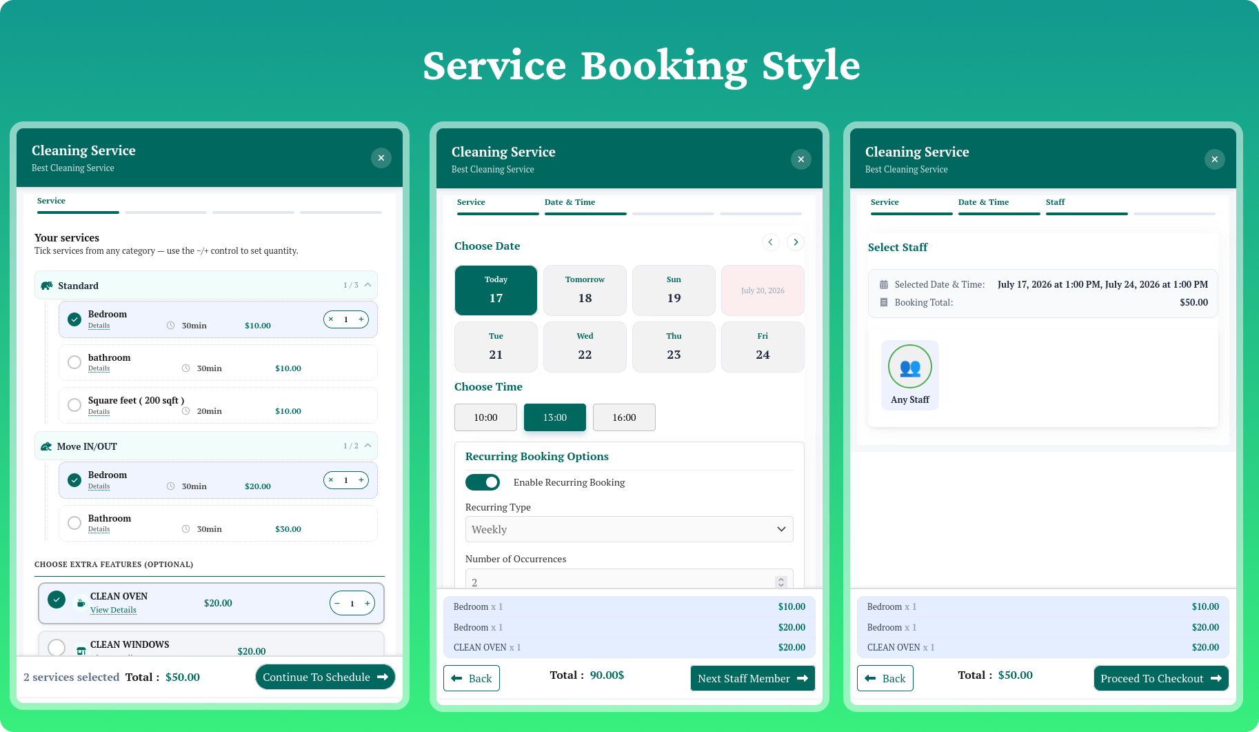 Real-time booking calendar and service selection interface.