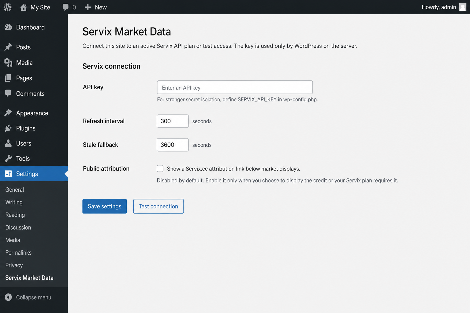 Servix Market Data settings with server-side API key storage, cache controls, and optional public attribution disabled by default.