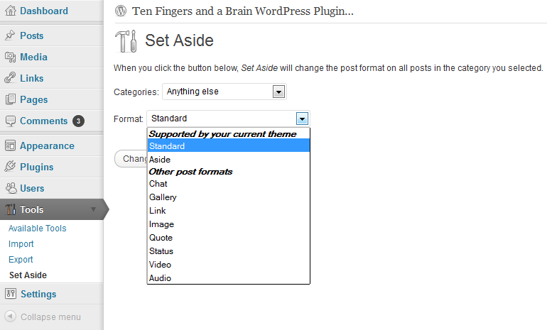 Set Aside changes the post format on all posts in one category