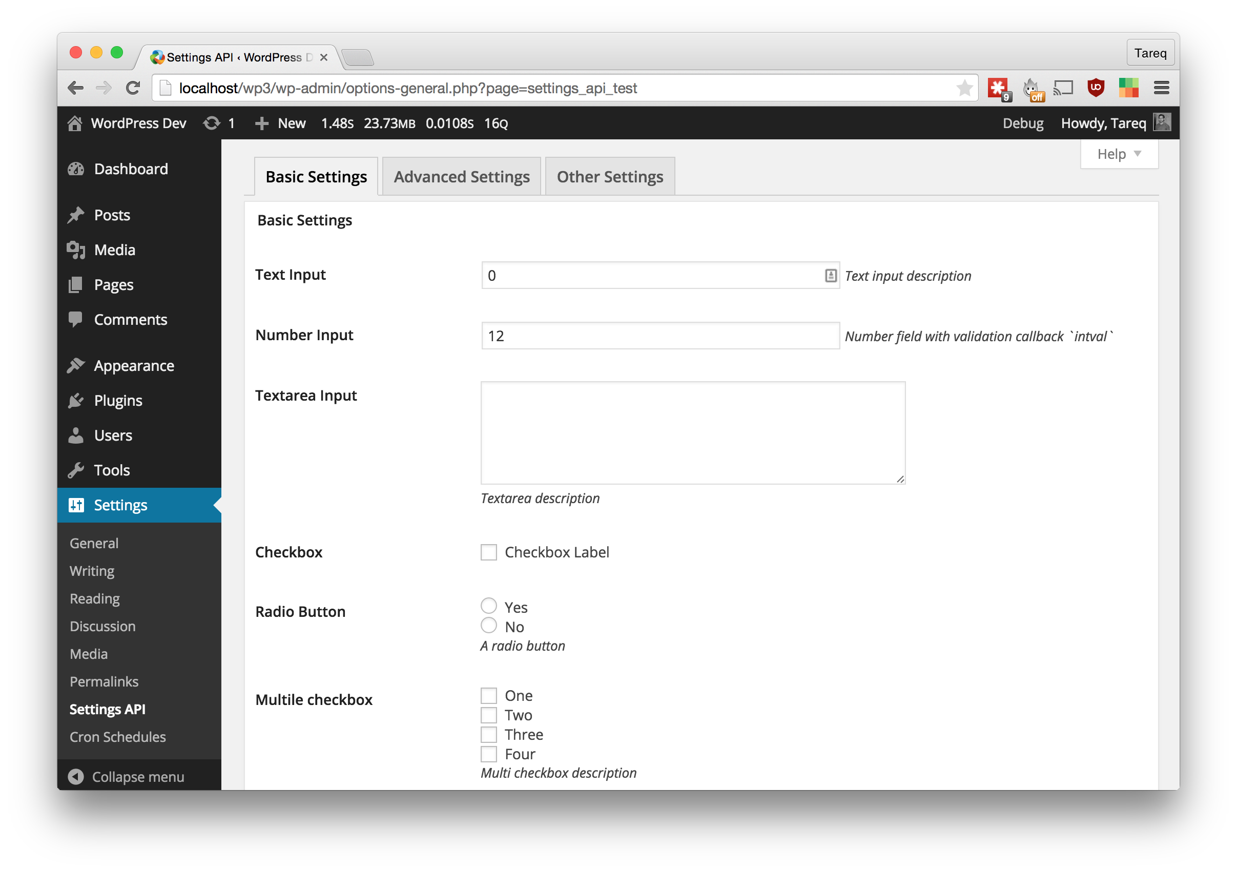 The options panel build on the fly using the PHP Class