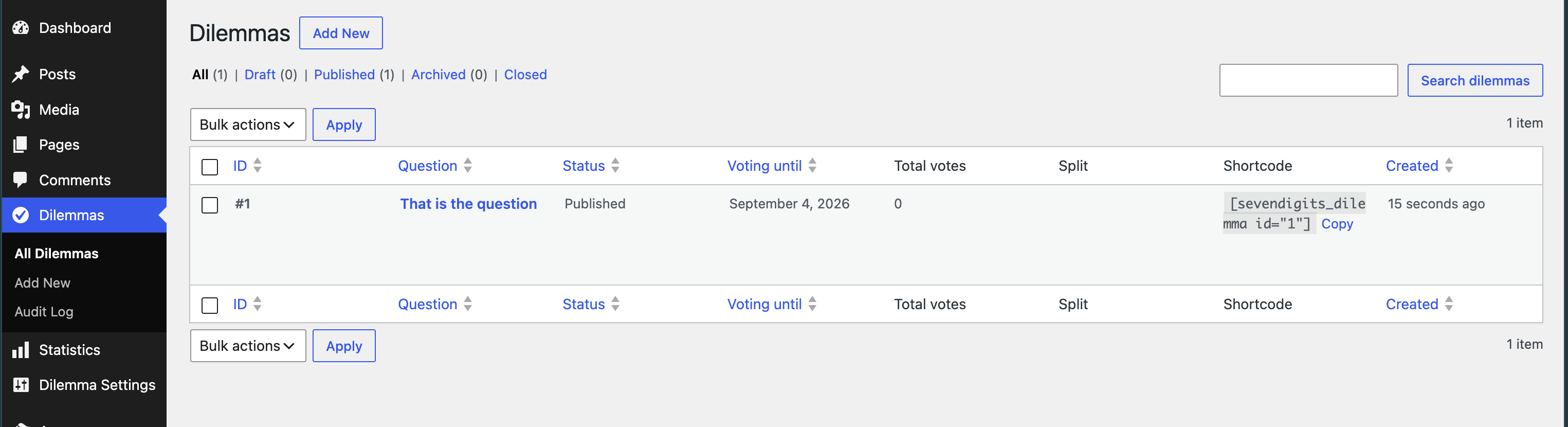 All Dilemmas — status, voting period, running totals and A/B split, plus a copy-to-clipboard shortcode for every dilemma.
