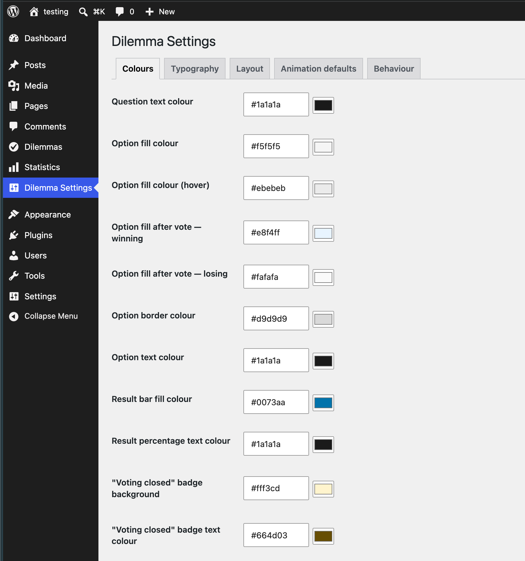 Settings → Colours: every colour in the widget, including the winning and losing fills after a vote and the "voting closed" badge.