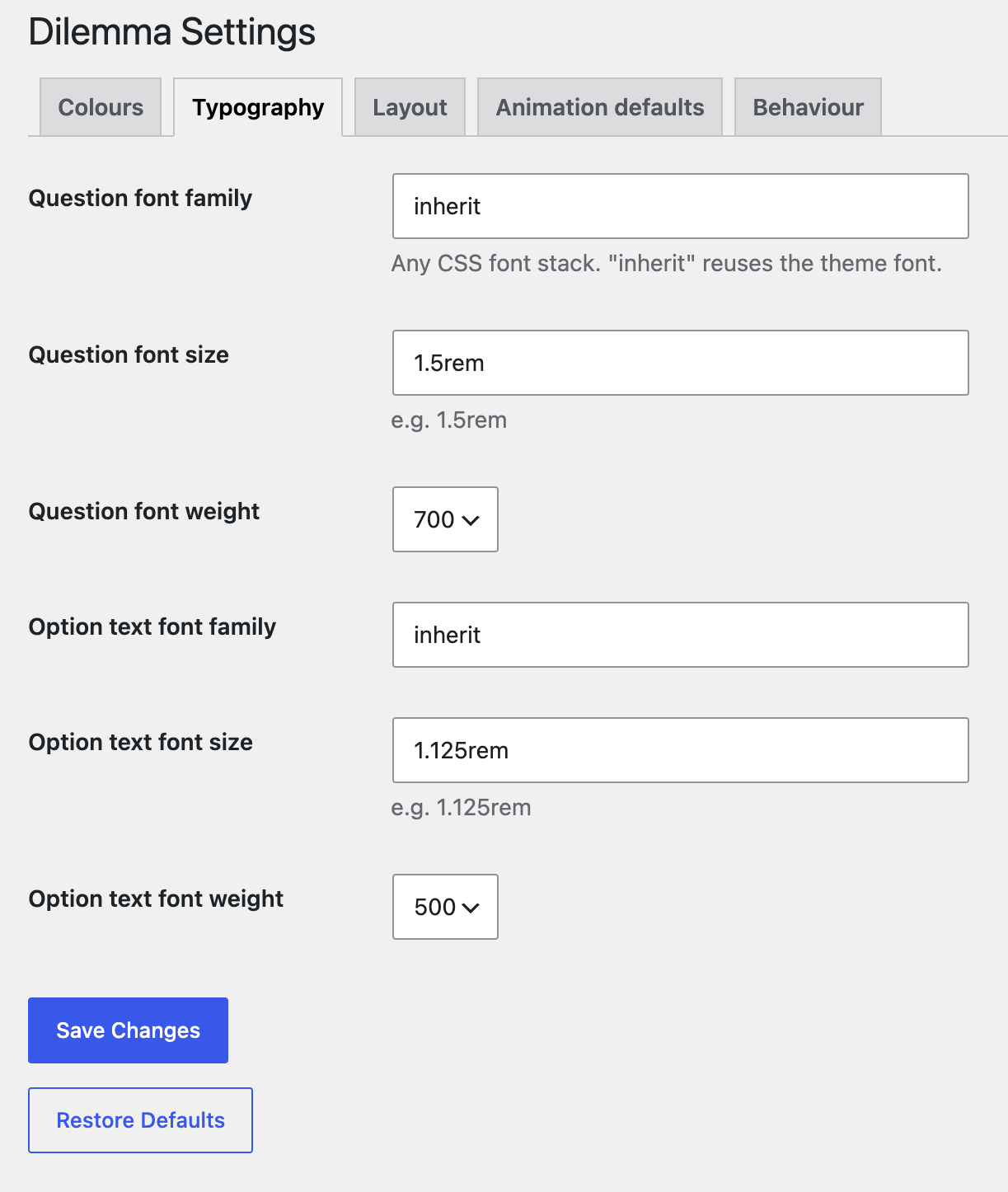 Settings → Typography: font family, size, and weight for the question and the option text.