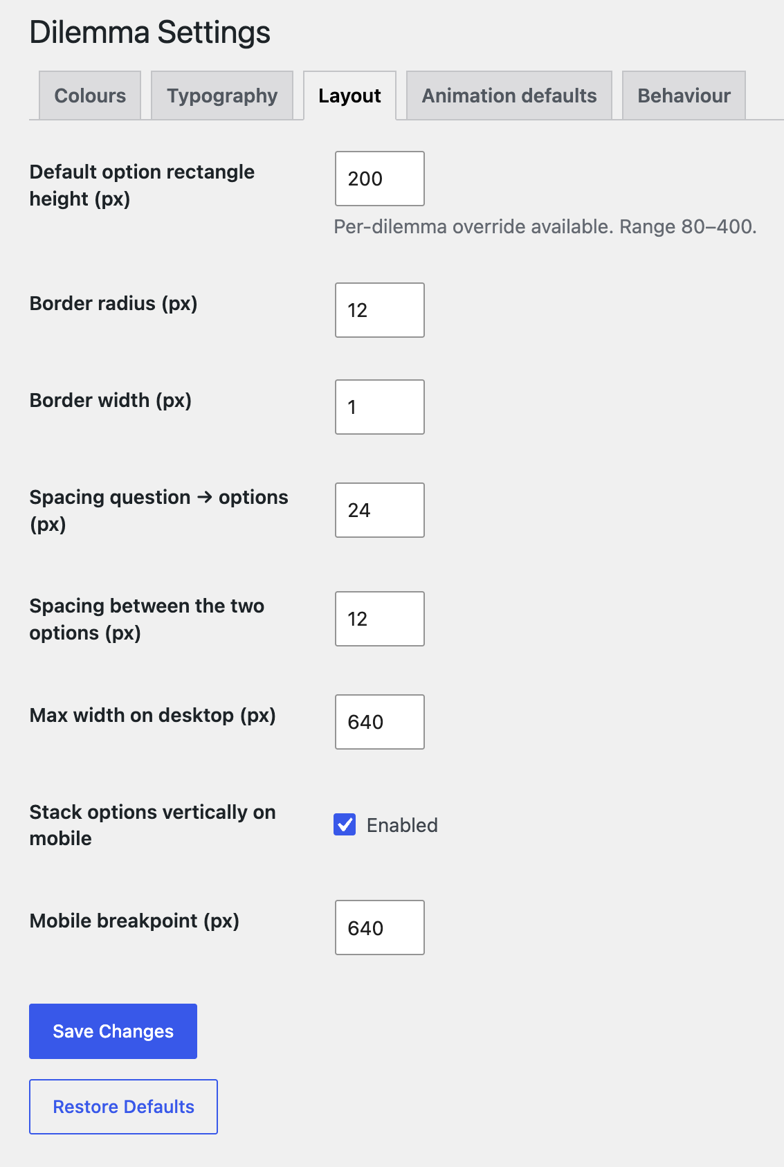 Settings → Layout: rectangle height, border radius and width, spacing, max width, and mobile stacking.