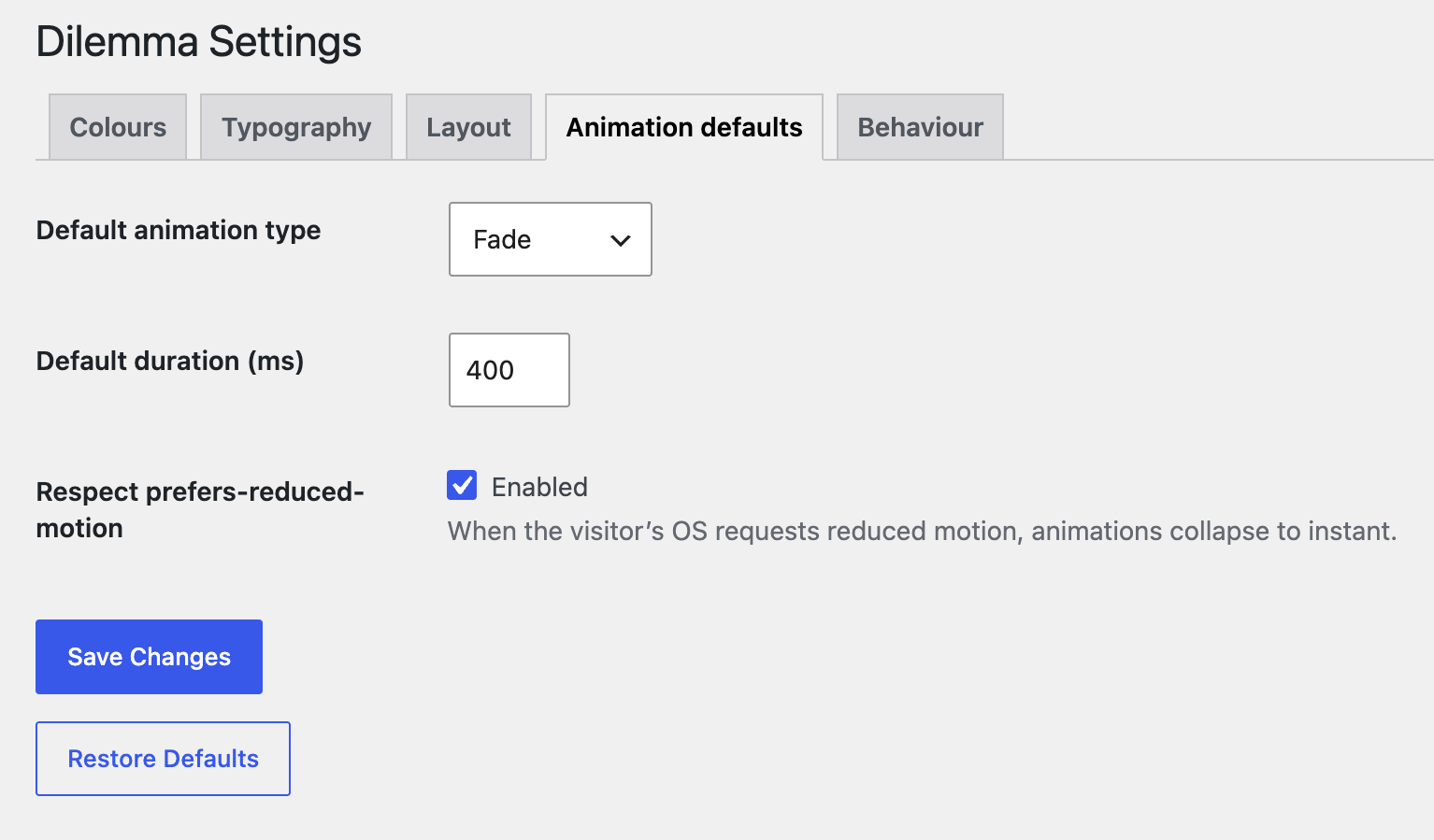 Settings → Animation defaults: one of nine reveal animations, its duration, and reduced-motion handling.