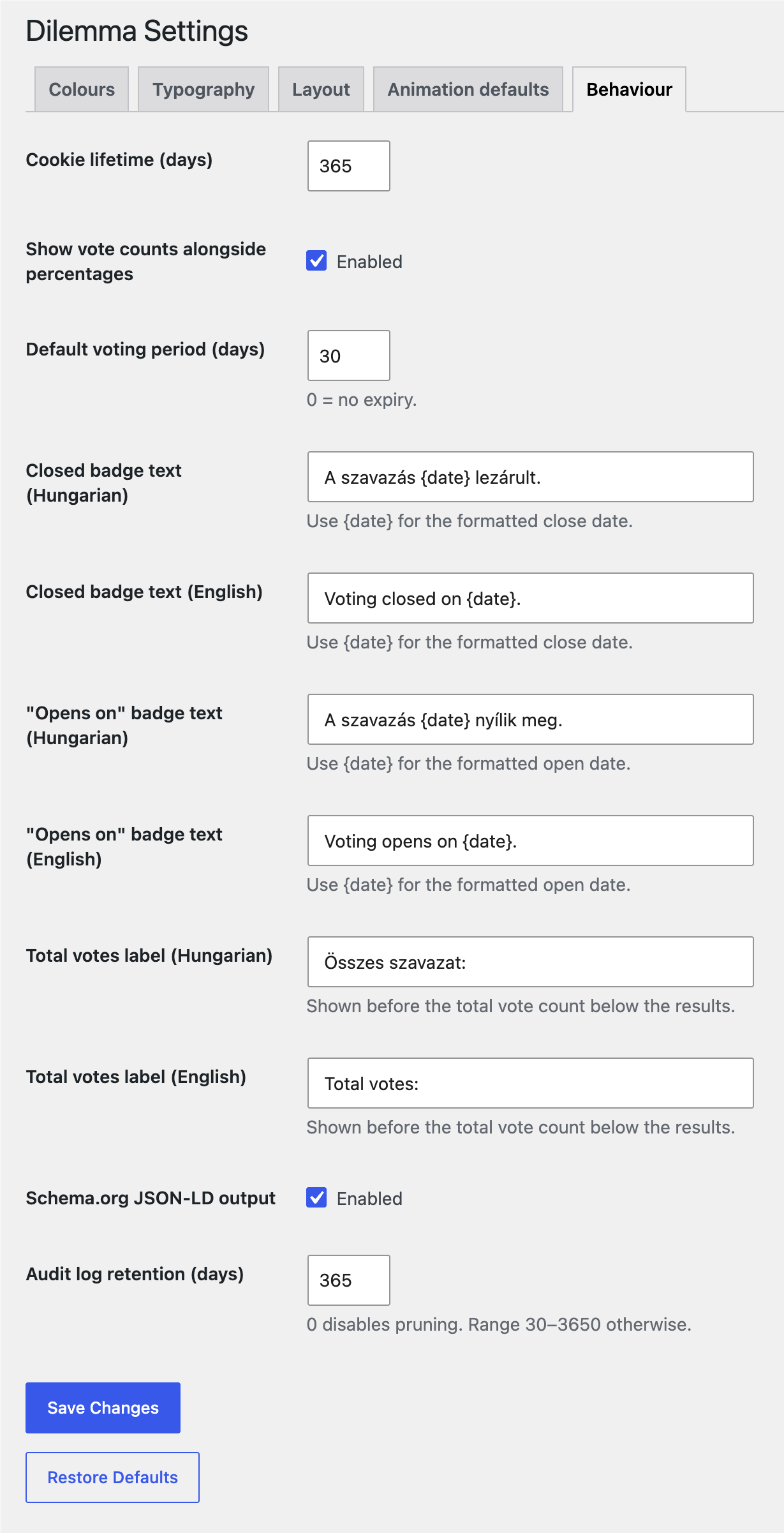 Settings → Behaviour: cookie lifetime, default voting period, Hungarian and English badge and label text, Schema.org output, and audit log retention.