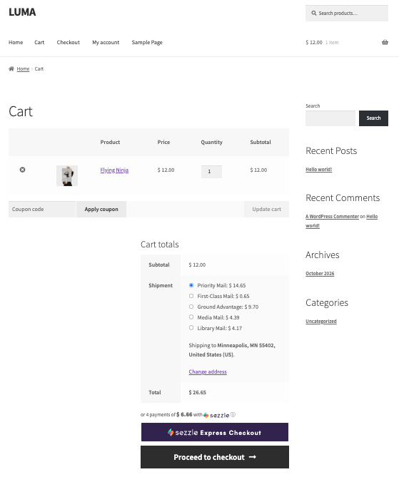 Cart page widget and Express Checkout button