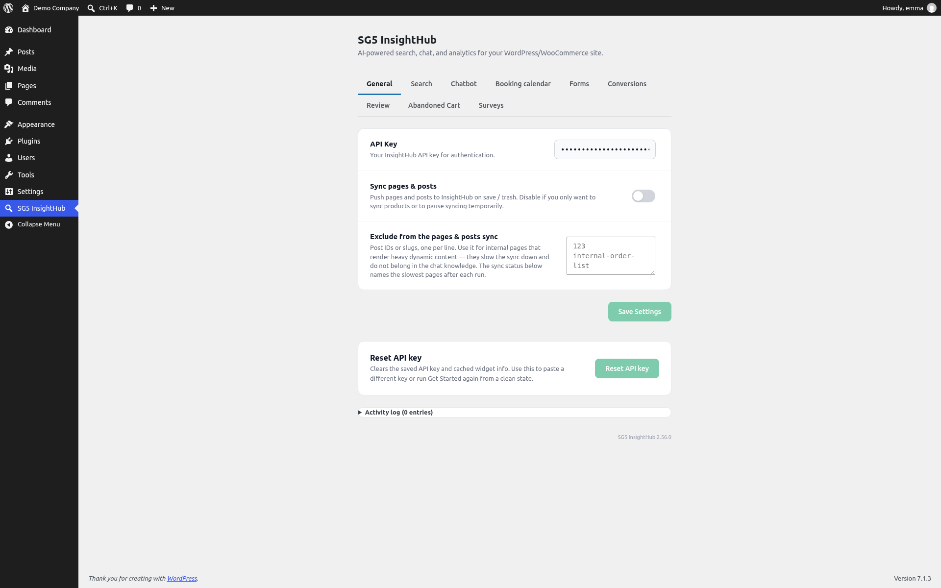 The plugin's settings page in WordPress: API key, page sync and the tabs for search, chatbot, booking calendar, forms and more.