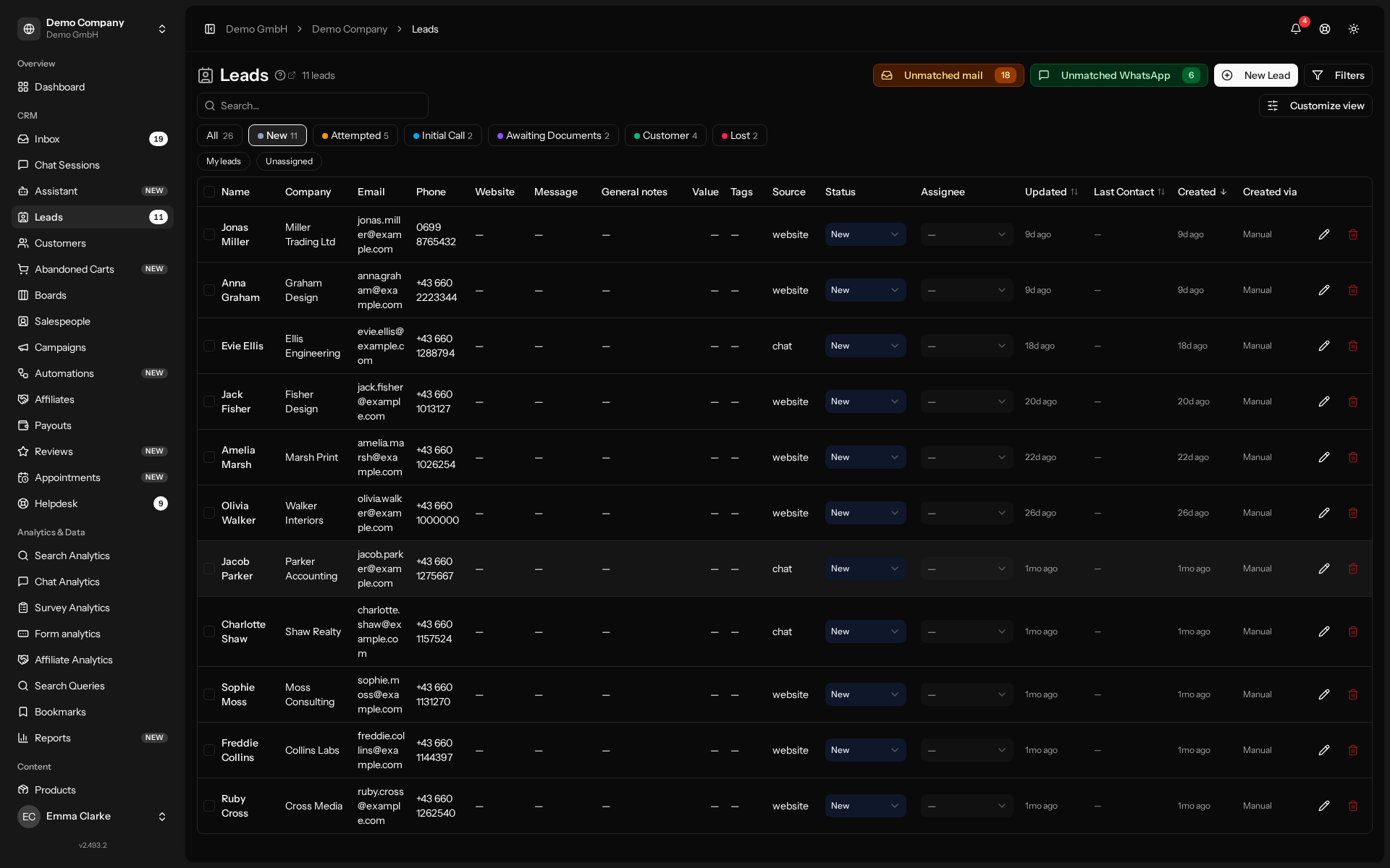 The leads list: every inquiry from forms, chat, WhatsApp and email in one place.